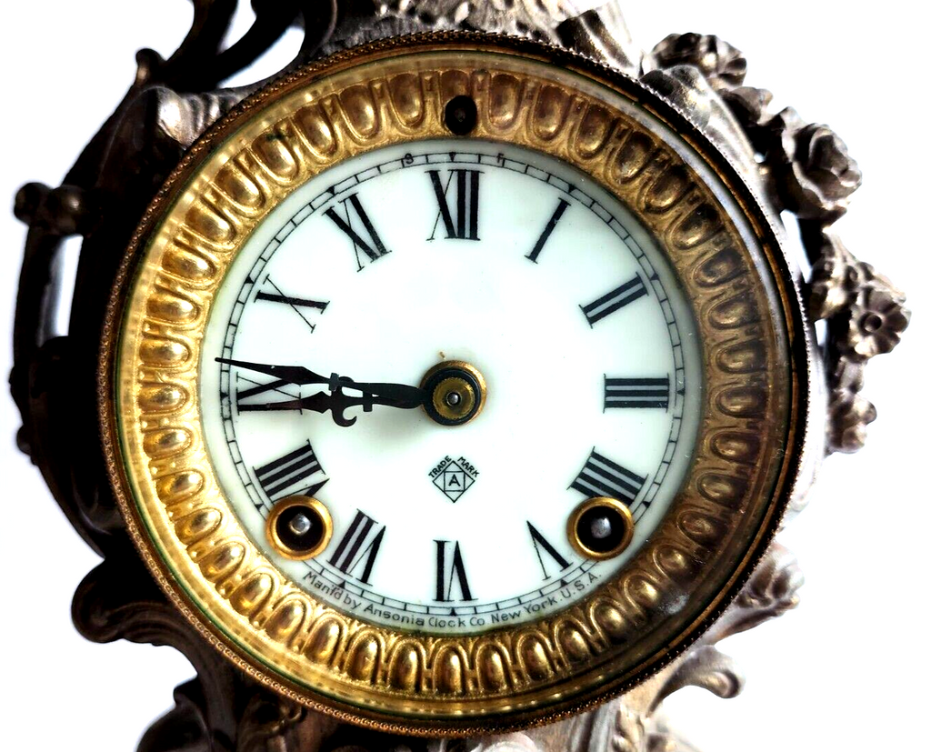 Antique Ansonia Bronze Gold Gilt Cherub Mantle Clock ~ Key Wind & Working image 5