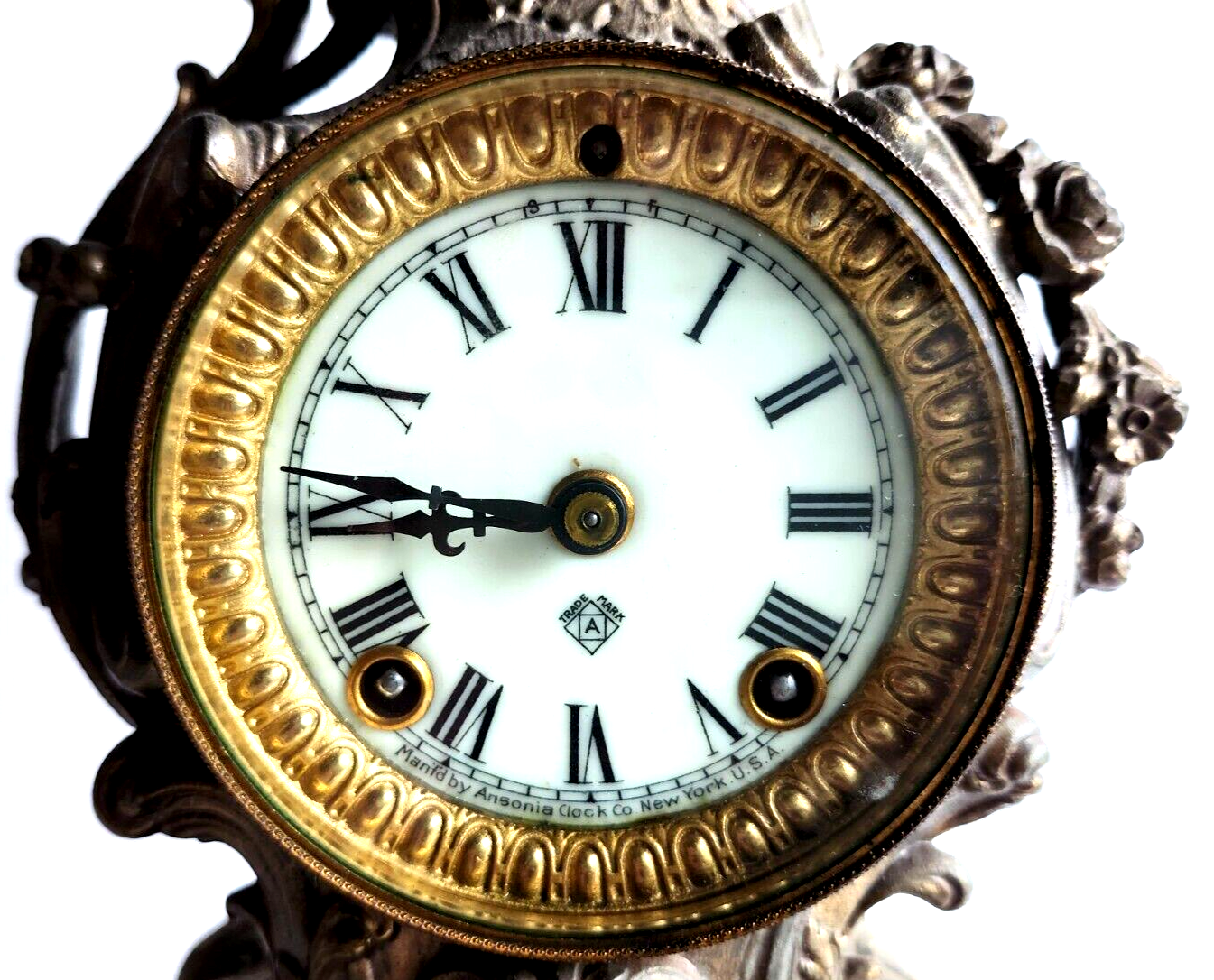 Antique Ansonia Bronze Gold Gilt Cherub Mantle Clock ~ Key Wind & Working image 5