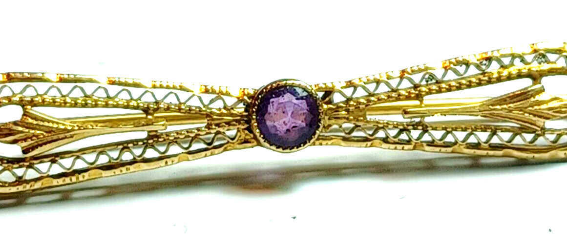 Antique Victorian .25ct Amethyst Filigree 14K Yellow Gold Bar Pin image 2