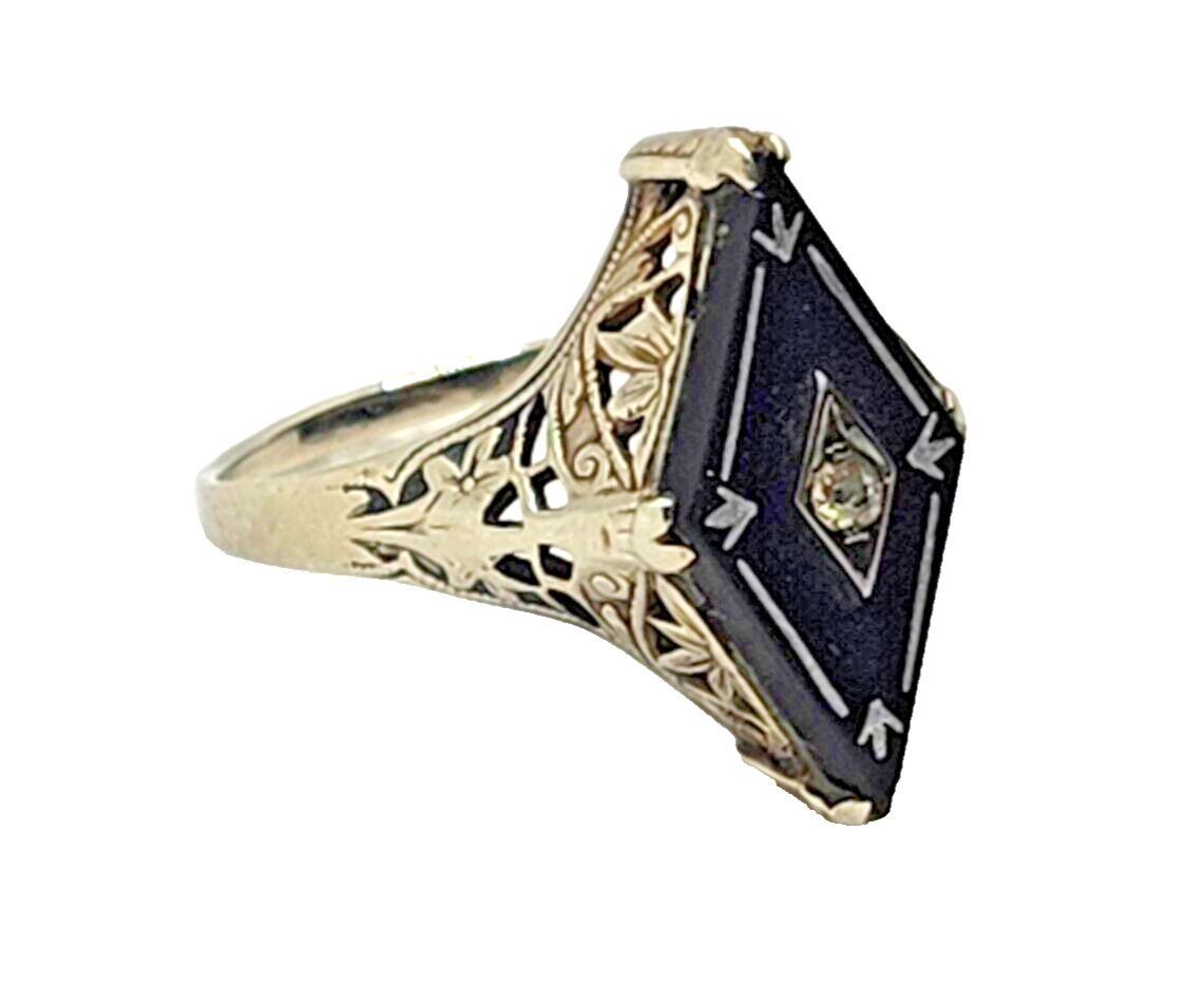 Antique Edwardian Art Deco Diamond Onyx & 14K White Gold Filigree Navette Ring image 3