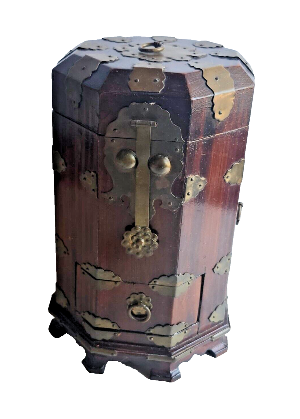 Antique Chinese Brass & Wood Hexagonal Tea Caddy image 0