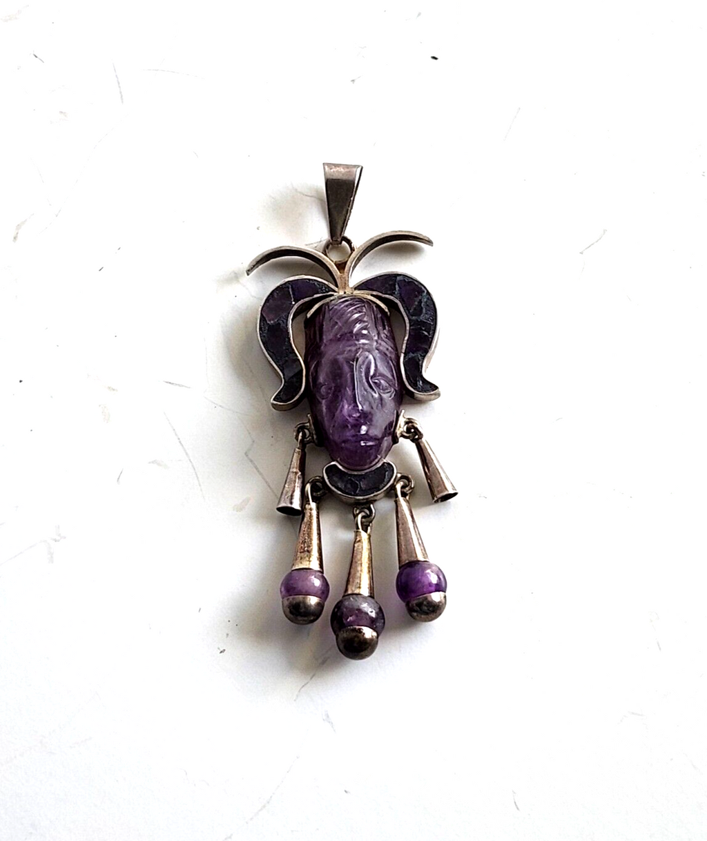 Taxco Mexico Sterling Silver Amethyst Aztec Mayan Tribal Carved Mask Pendant image 0
