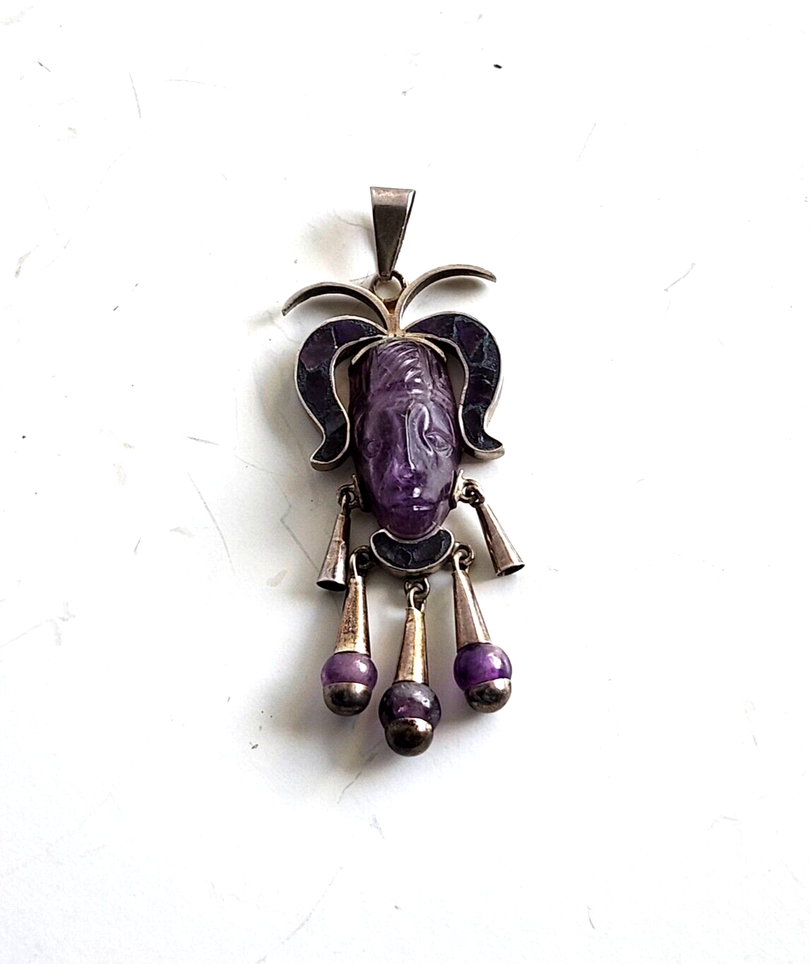 Taxco Mexico Sterling Silver Amethyst Aztec Mayan Tribal Carved Mask Pendant image 0
