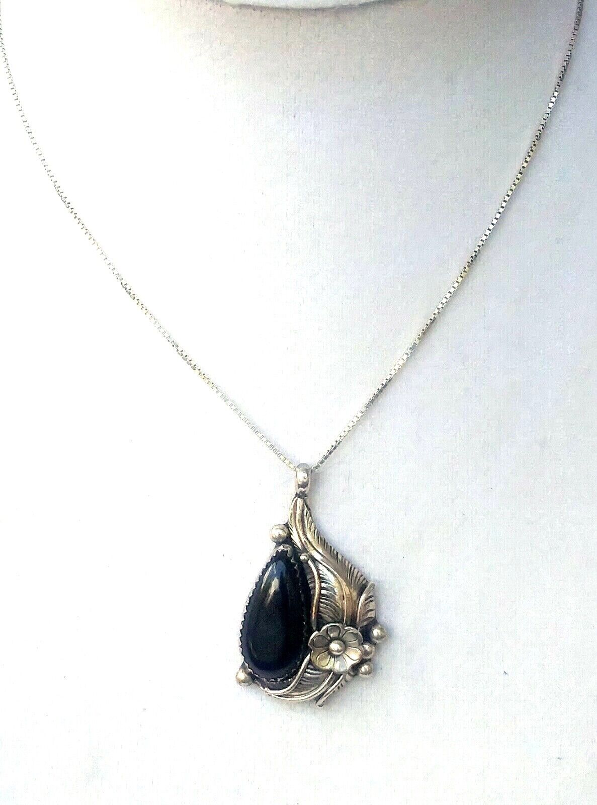 Native American Signed Sterling SIlver & Onyx Pendant with Necklace CC image 0