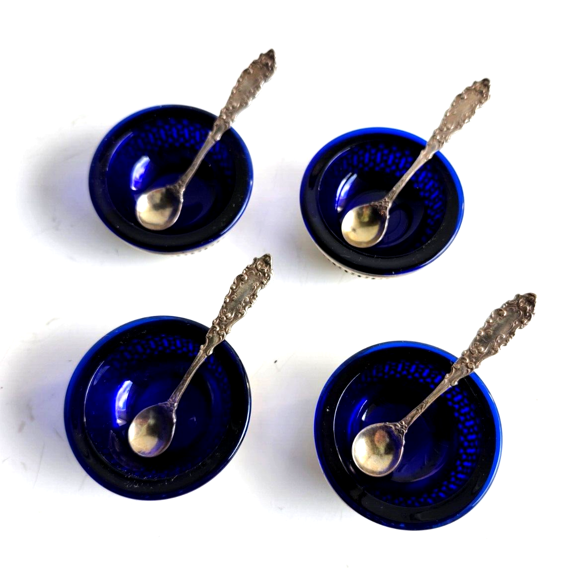 4 Antique Webster Sterling Silver & Cobalt Blue Open Salt Cellars w/ Spoons image 2