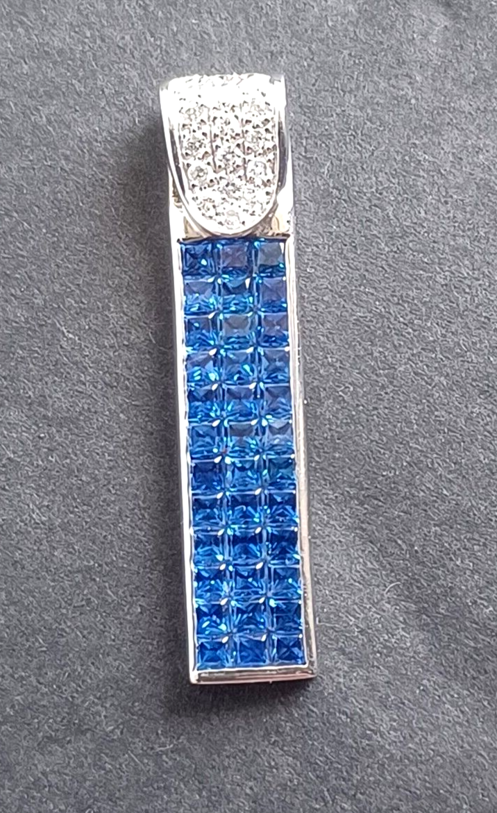 Estate 2.25 Ct Diamond & Ceylon Blue Sapphire 14K White Gold Bar Pendant image 1