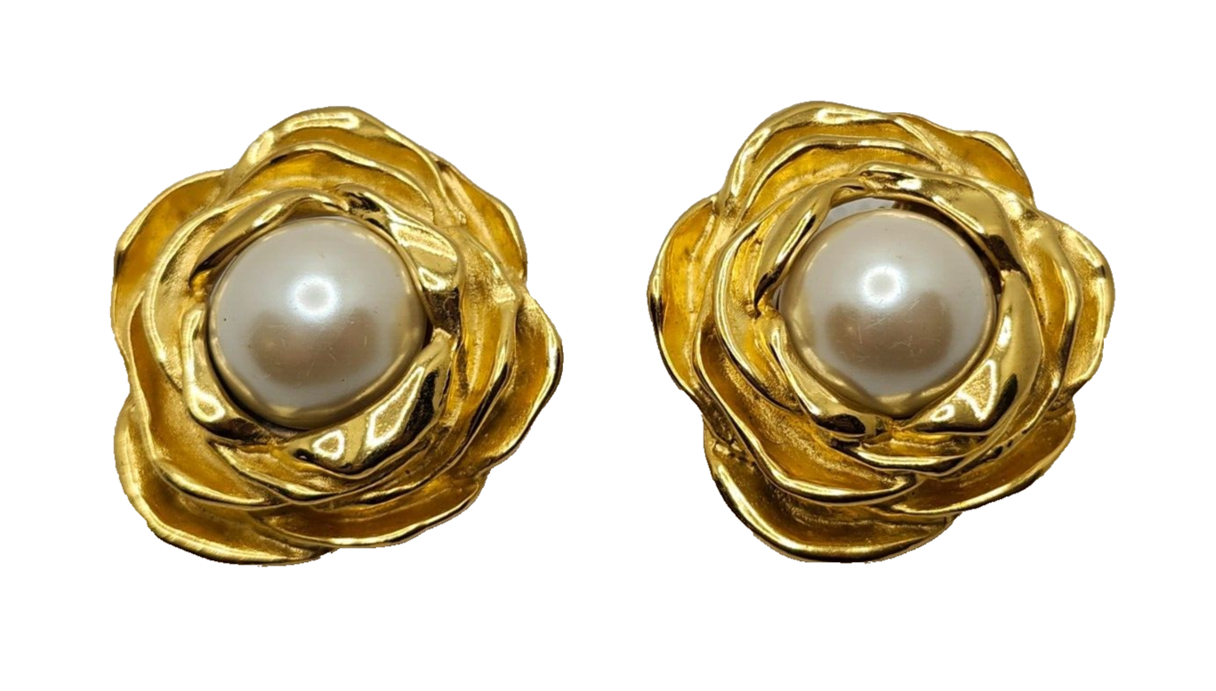 Authentic Givenchy Gold-tone Faux Pearl Flower Clip-On Earrings image 1