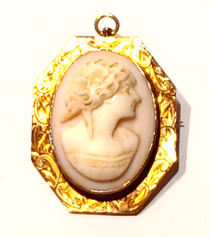 Gorgeous Antique Pin Coral Cameo & 10k Yellow Gold Scroll Pendant Pin image 2