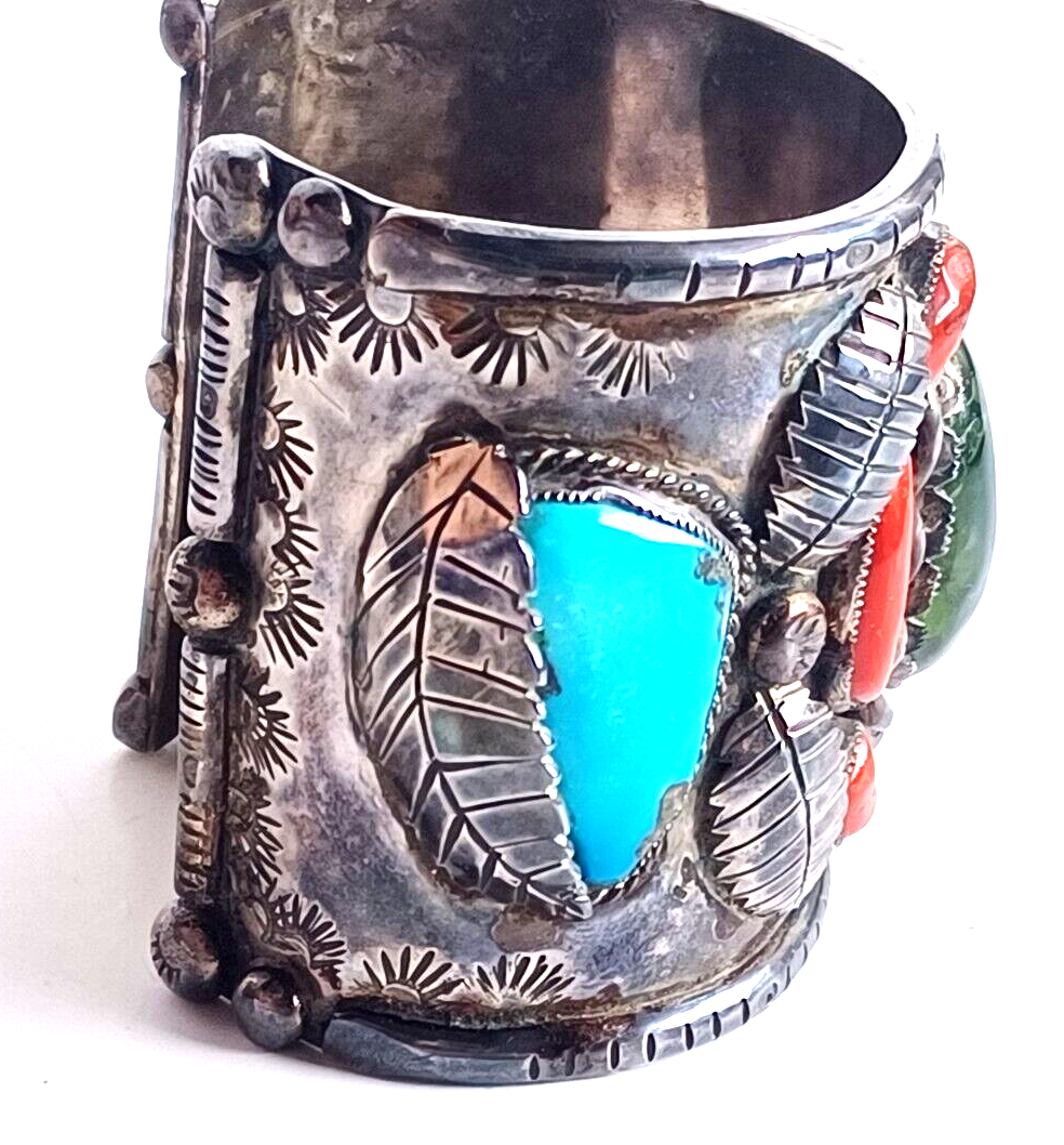 Lg Native American Green Amber Turq & Coral Sterling Cuff Bracelet Wilford Chee image 9