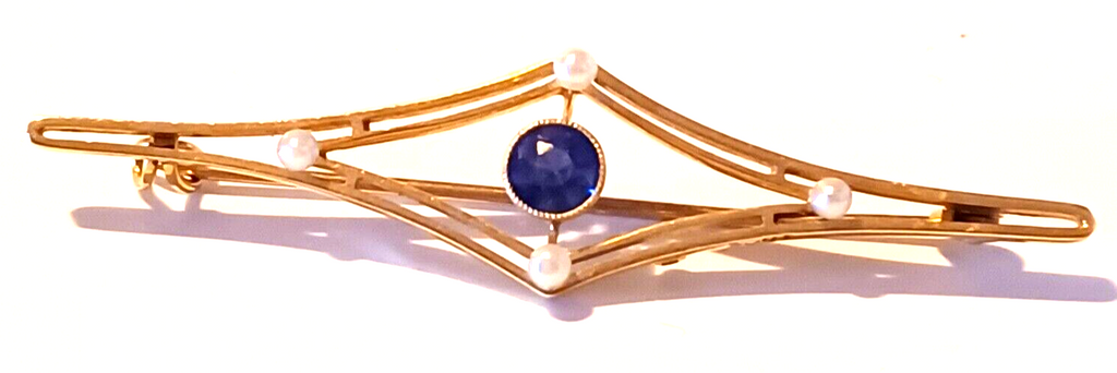 Antique Tanzanite Seed Pearl & 14k Yellow Gold Brooch image 1
