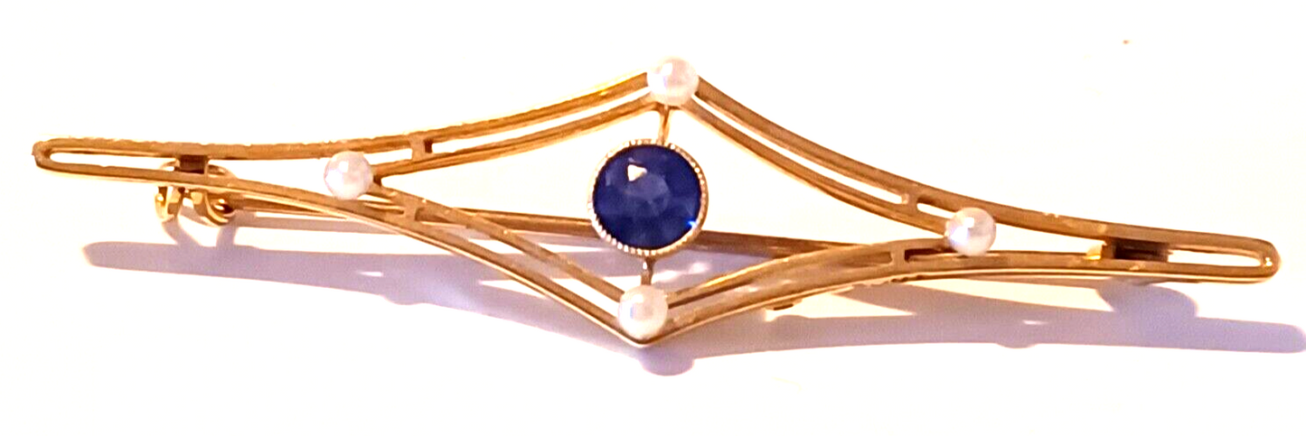 Antique Tanzanite Seed Pearl & 14k Yellow Gold Brooch image 1