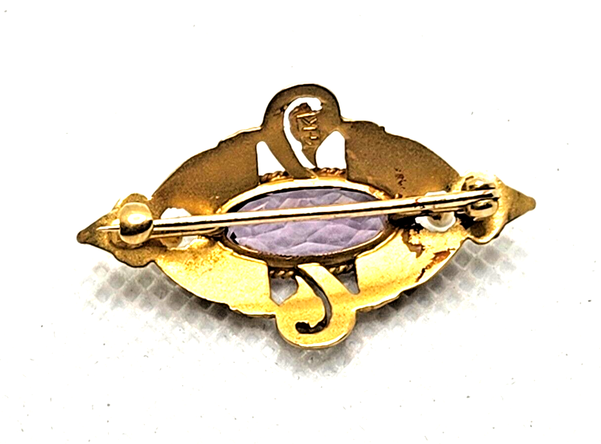 Antique Victorian Amethyst Pearl & 14k Yellow Gold Bar Pin Brooch image 4