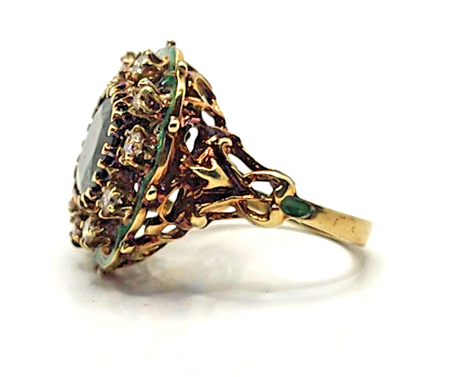 Green Zircon, Diamond Halo & Enamel Scroll Fleur-de-Lis 14k Gold Cocktail Ring image 14