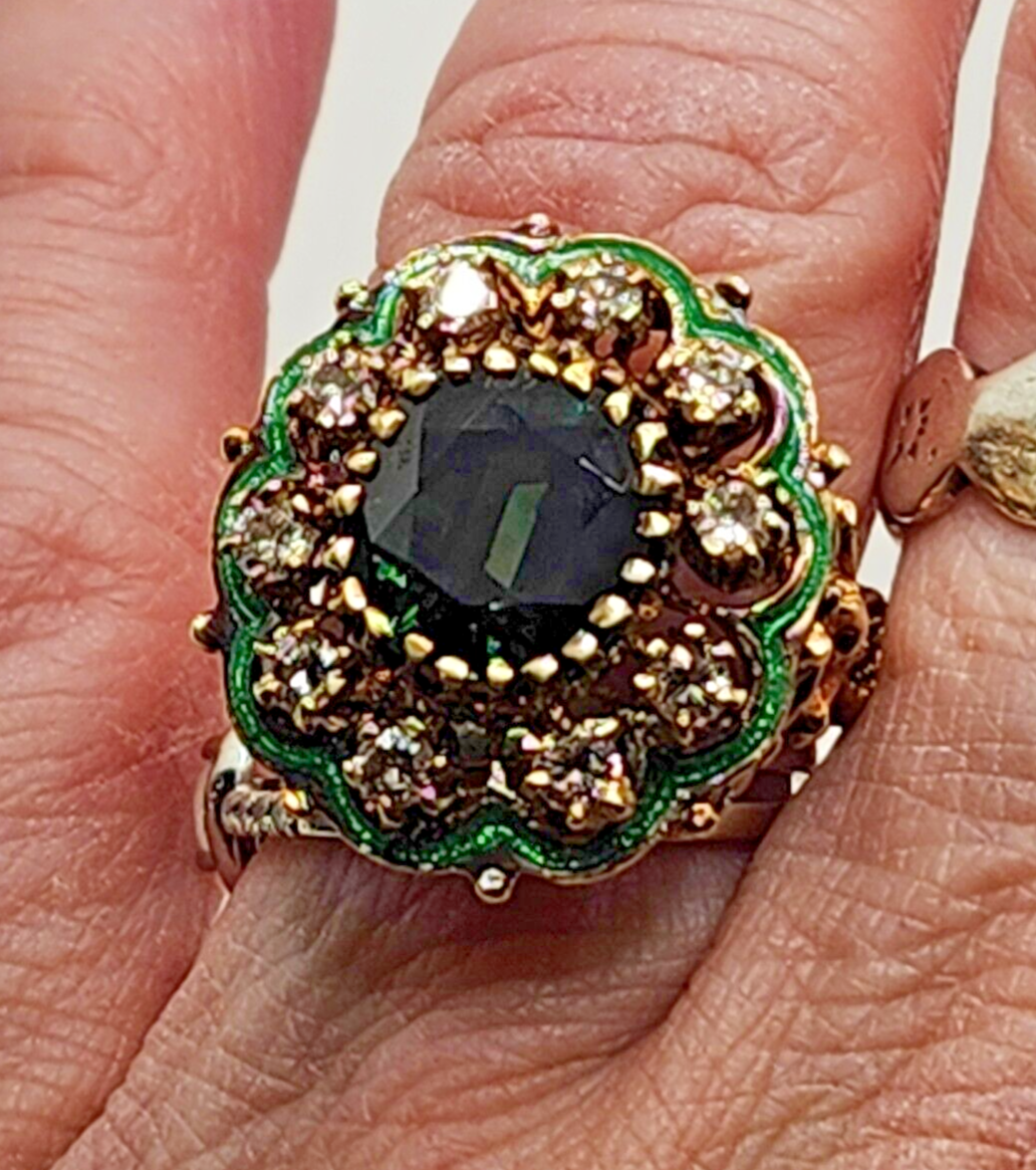 Green Zircon, Diamond Halo & Enamel Scroll Fleur-de-Lis 14k Gold Cocktail Ring image 4