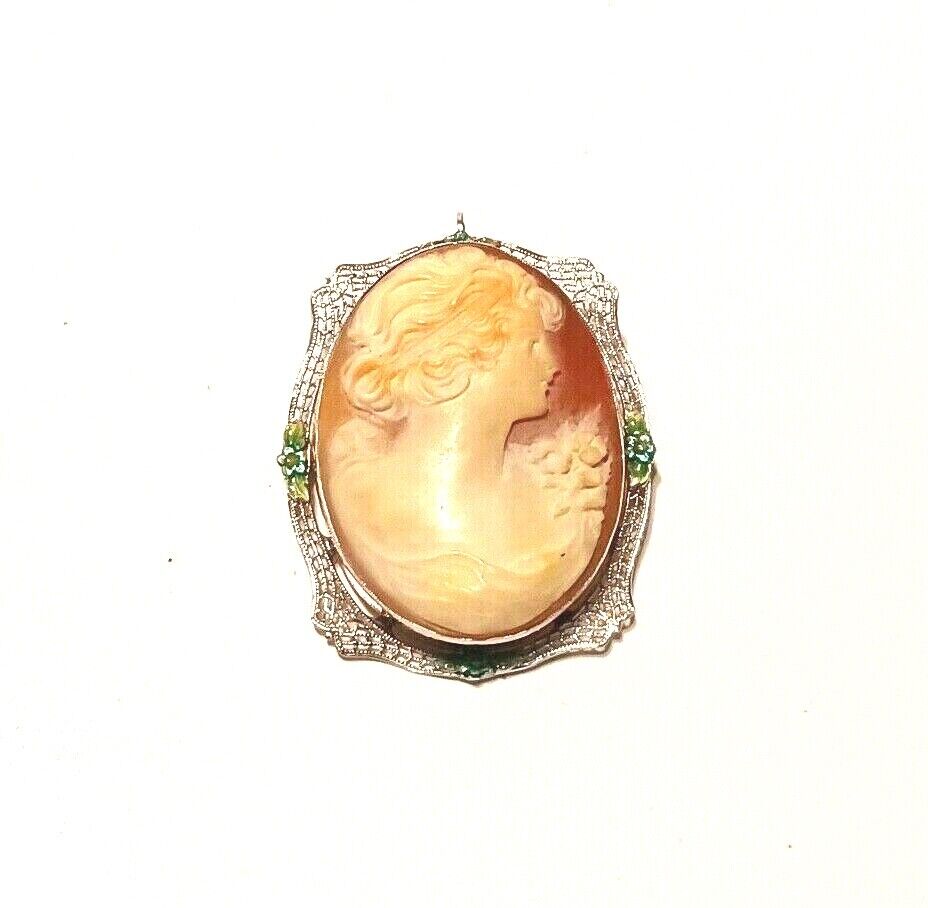 Antique Victorian Estate 14K White Gold Filigree Shell Cameo Pin Pendant Enamel image 3