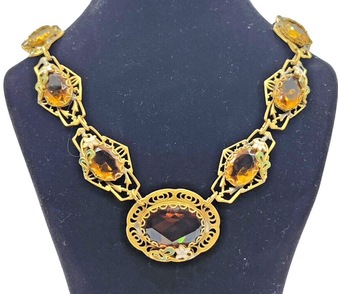 Antique Art Nouveau Enamel Czech Citrine Glass Filigree Gold Filled Necklace image 1