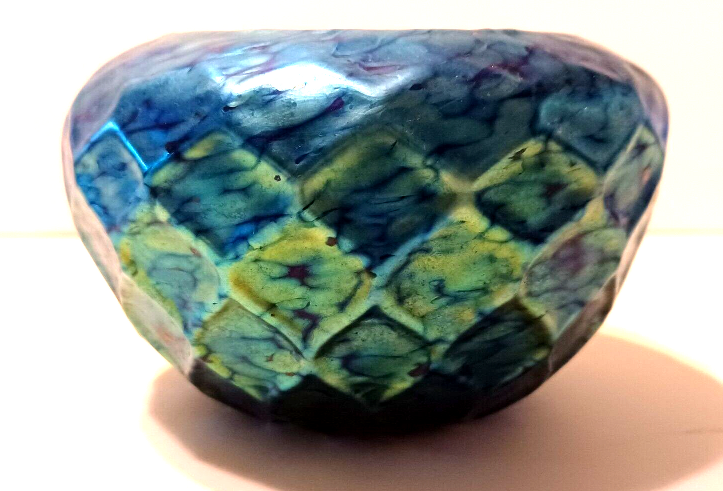 LUNDBERG Studios Art Glass Blue Iridescent Indian Basket Bowl 4 1/2" image 3