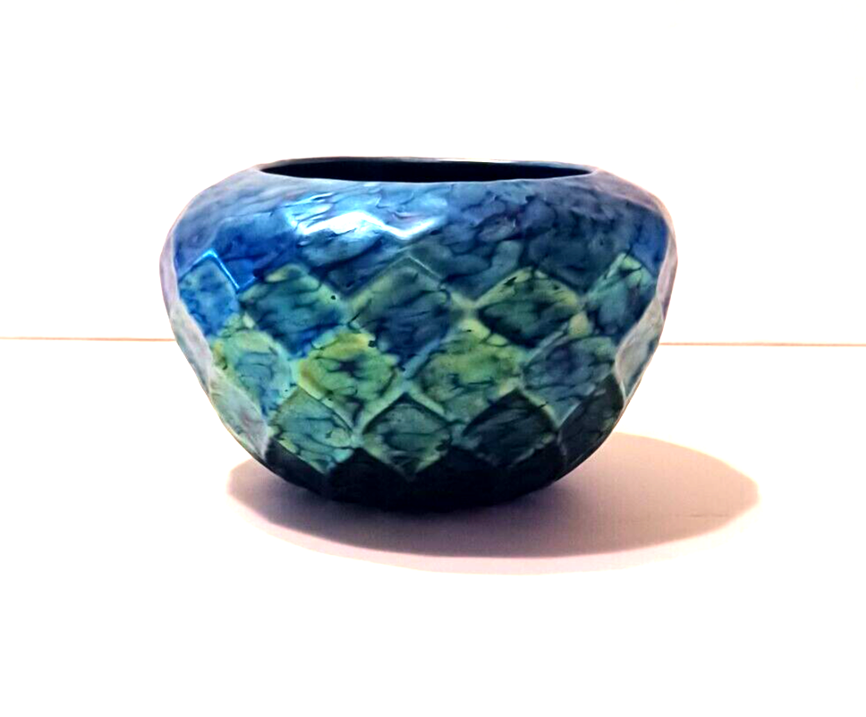 LUNDBERG Studios Art Glass Blue Iridescent Indian Basket Bowl 4 1/2" image 0