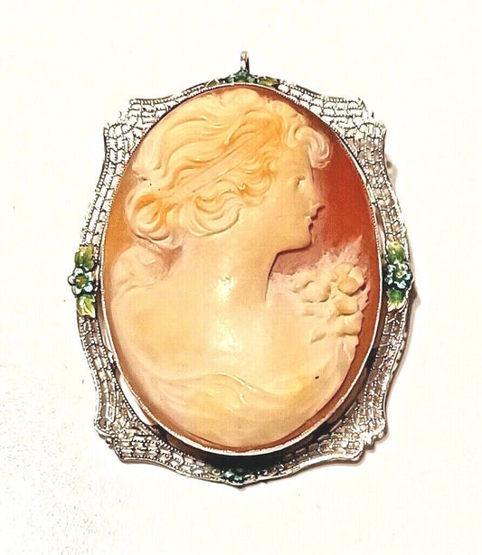 Antique Victorian Estate 14K White Gold Filigree Shell Cameo Pin Pendant Enamel image 0