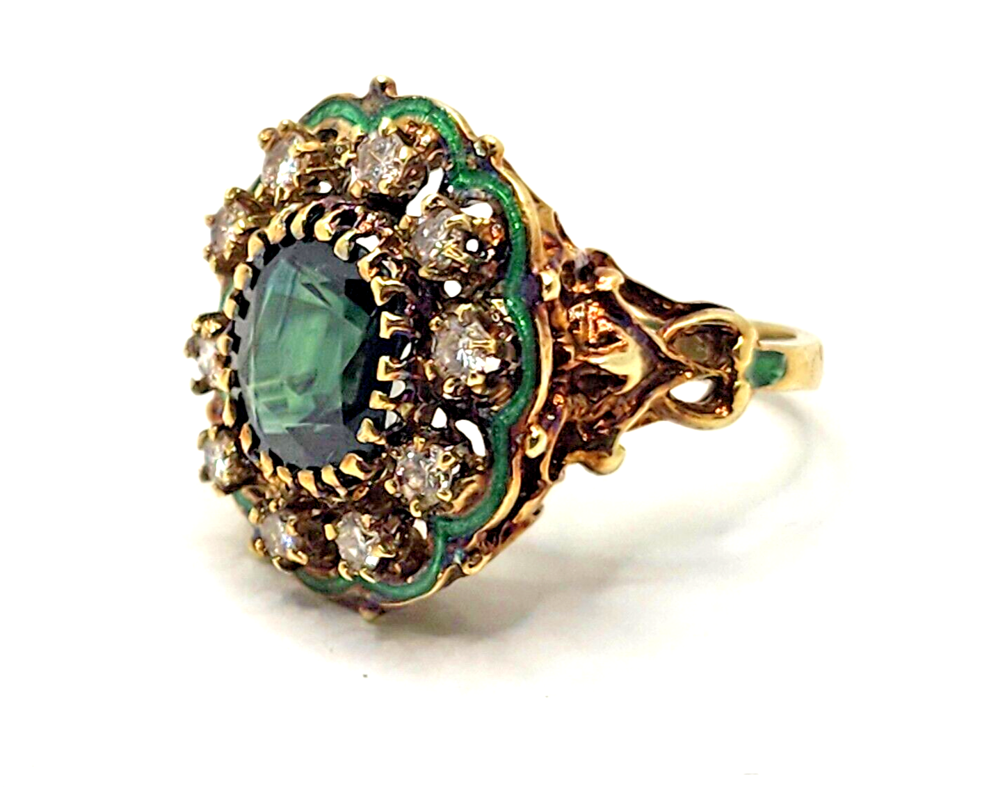 Green Zircon, Diamond Halo & Enamel Scroll Fleur-de-Lis 14k Gold Cocktail Ring image 2