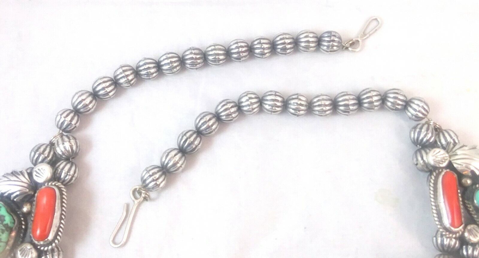 Native American Signed Squash Blossom Turquoise Coral & Sterling Silver Necklace image 9