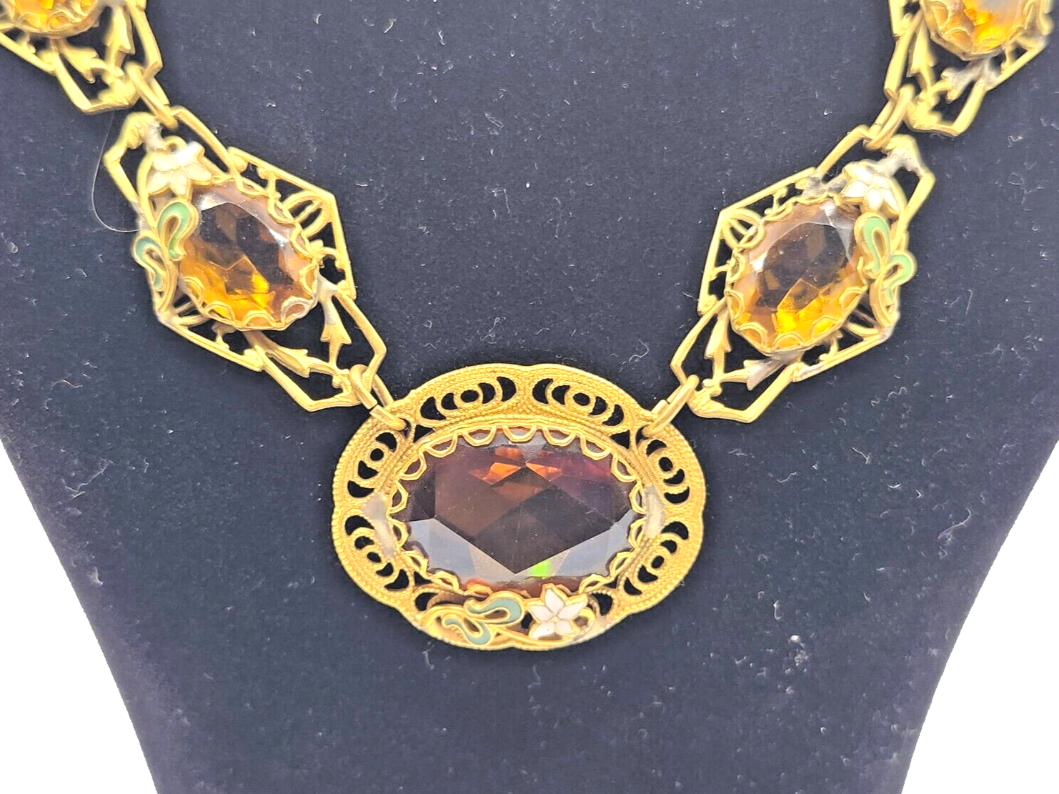 Antique Art Nouveau Enamel Czech Citrine Glass Filigree Gold Filled Necklace image 2