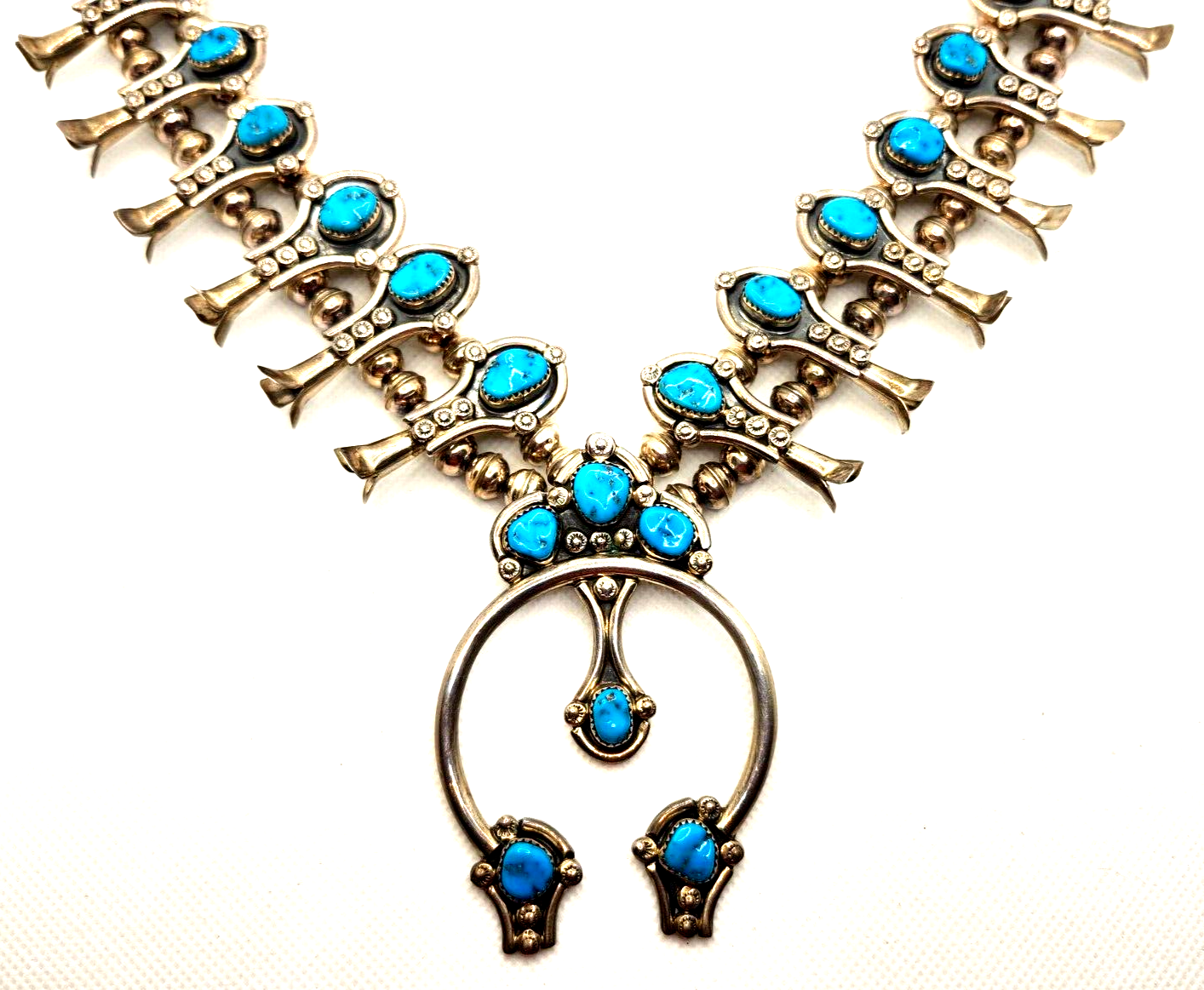 Native American CM Yazzie Turquoise & Sterling Silver Squash Blossom Necklace image 1