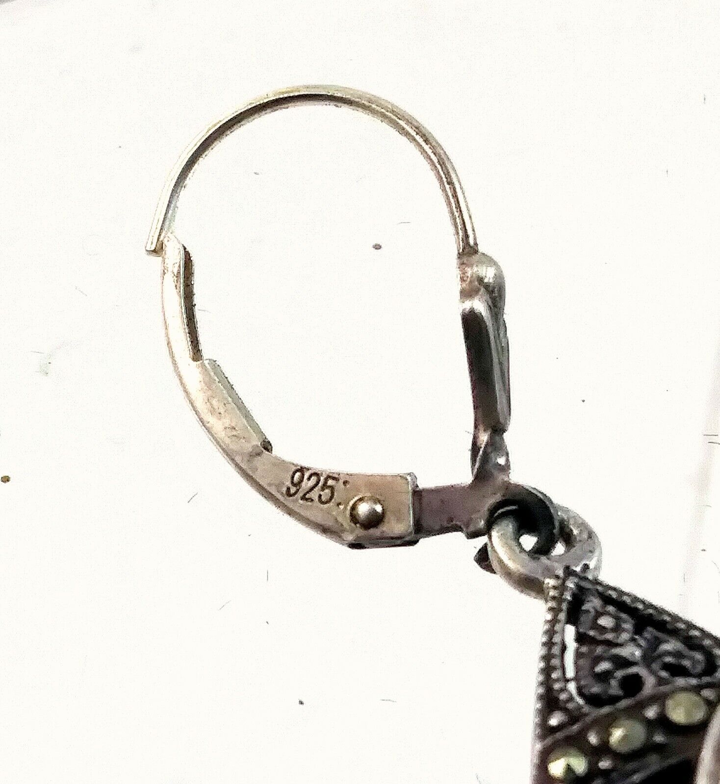 Vintage Antique Sterling Silver Marcasite & Mother of Pearl Dangle Drop Earrings image 4