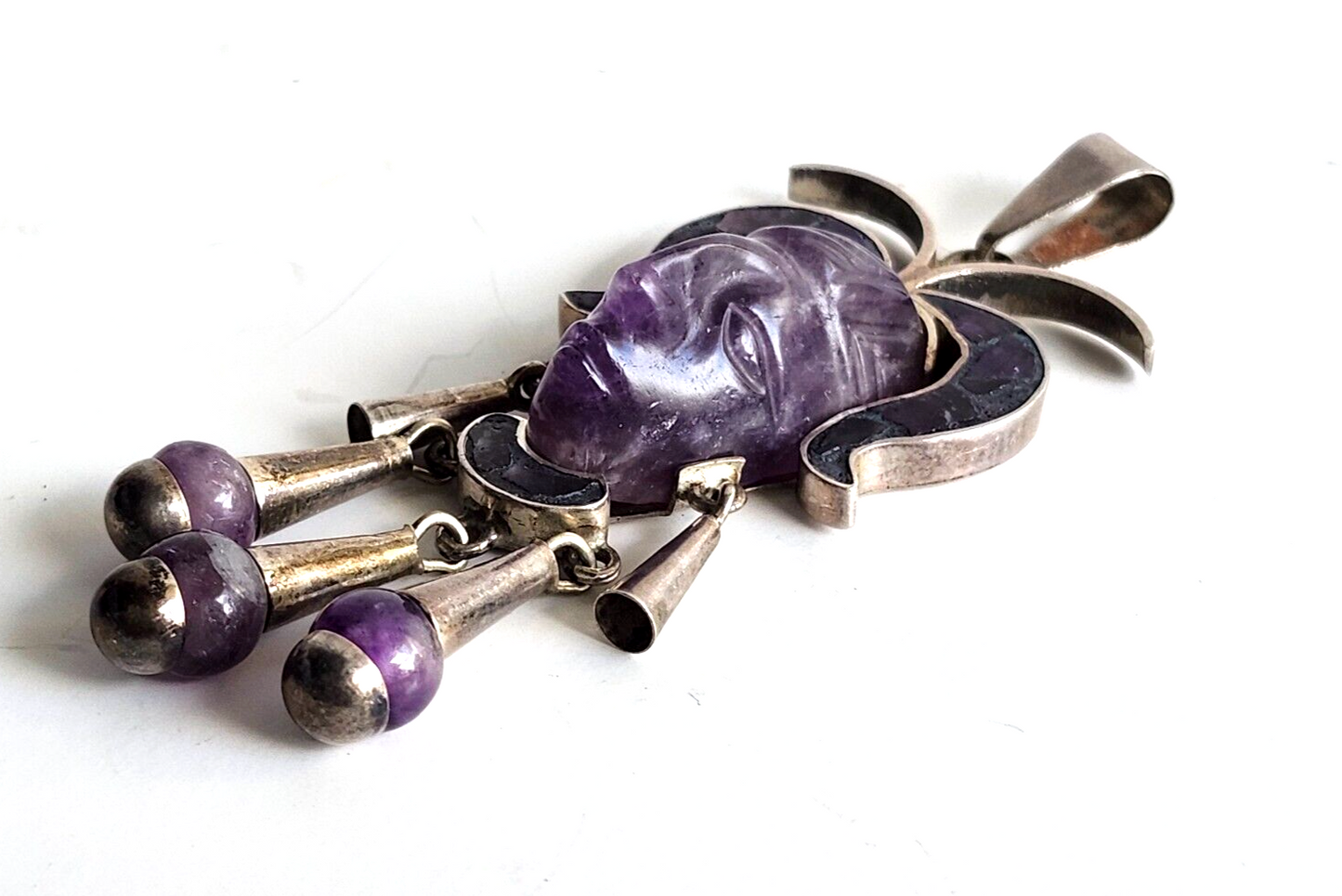 Taxco Mexico Sterling Silver Amethyst Aztec Mayan Tribal Carved Mask Pendant image 3