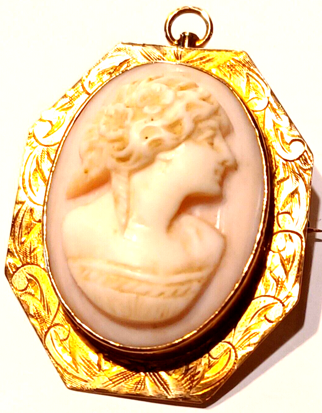 Gorgeous Antique Pin Coral Cameo & 10k Yellow Gold Scroll Pendant Pin image 3