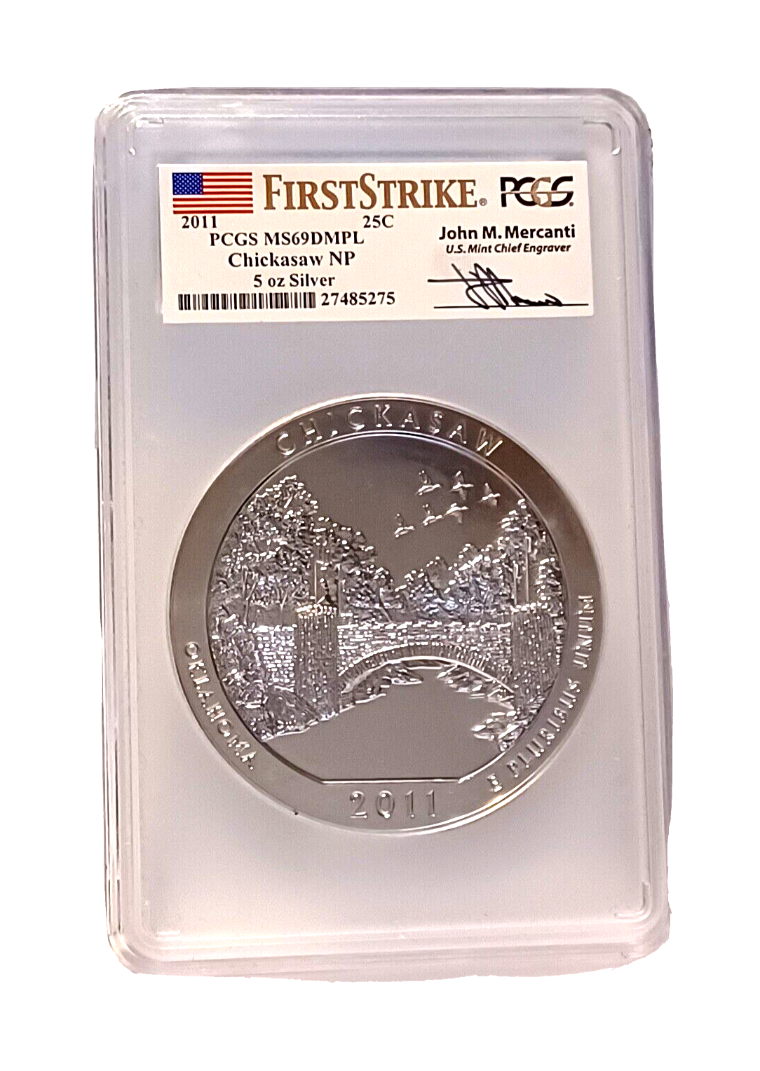 2011 CHICKASAW  5 Oz. SILVER PCGS MS69DMPL FIRST STRIKE  Signed Mercanti image 0