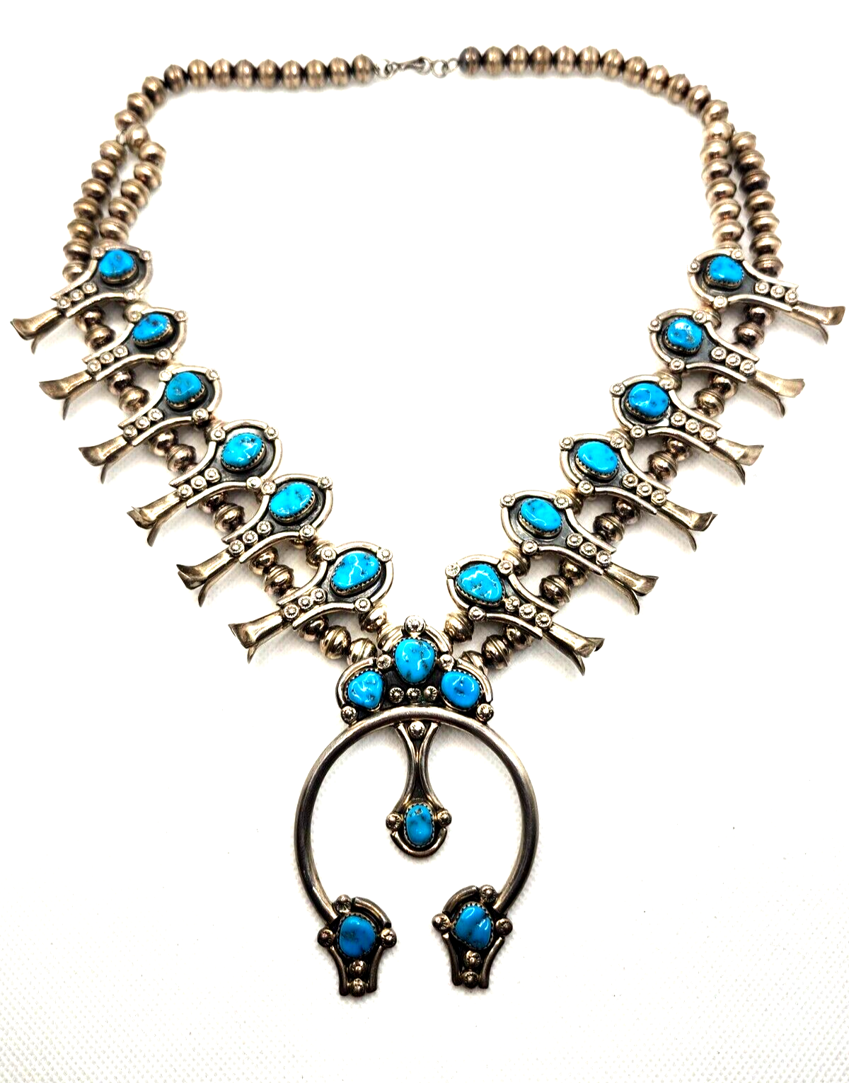 Native American CM Yazzie Turquoise & Sterling Silver Squash Blossom Necklace image 0