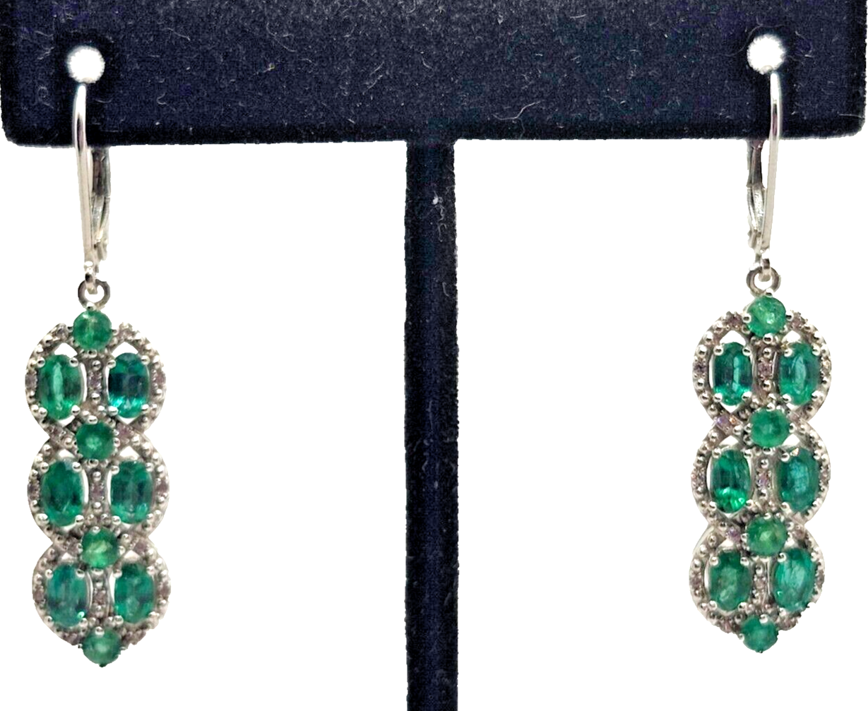Natural Emerald & Diamond Dangle Earrings in Sterling Silver image 2