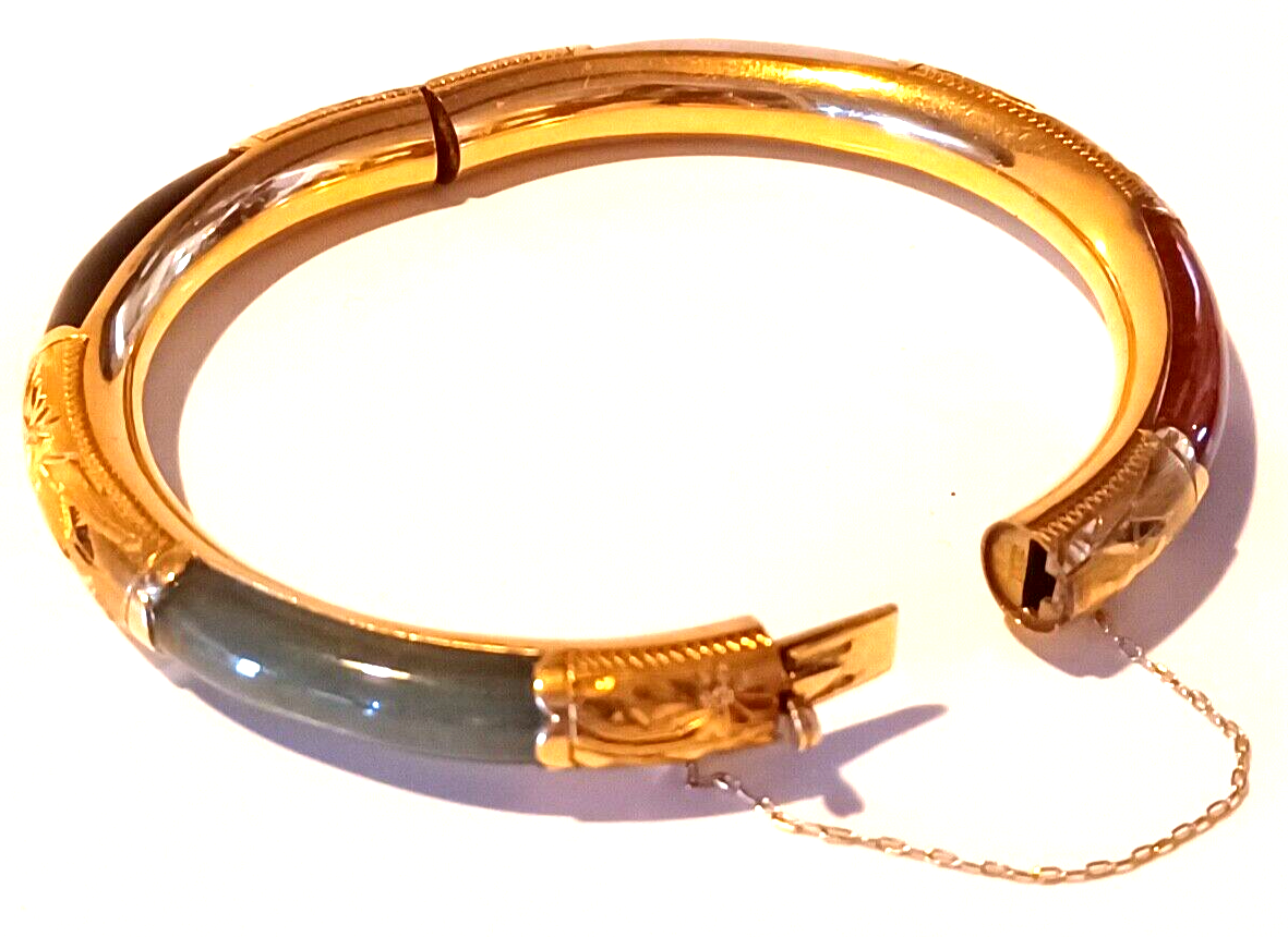 Antique 14K Yellow Gold Red, Green, White & Black Jade Bangle Bracelet image 10