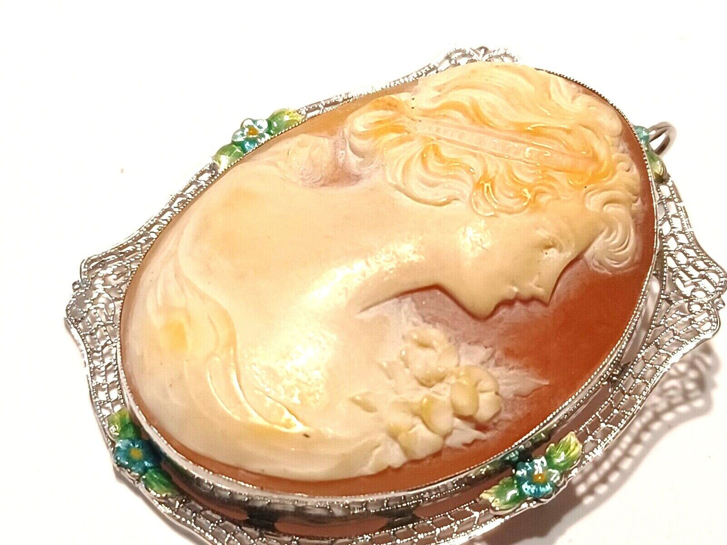 Antique Victorian Estate 14K White Gold Filigree Shell Cameo Pin Pendant Enamel image 2