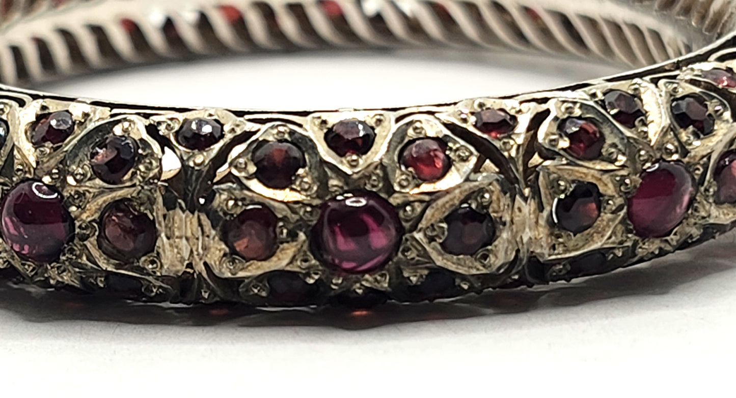 Mughal Indian Sterling Silver & Garnet Hinged Bangle Bracelet image 3
