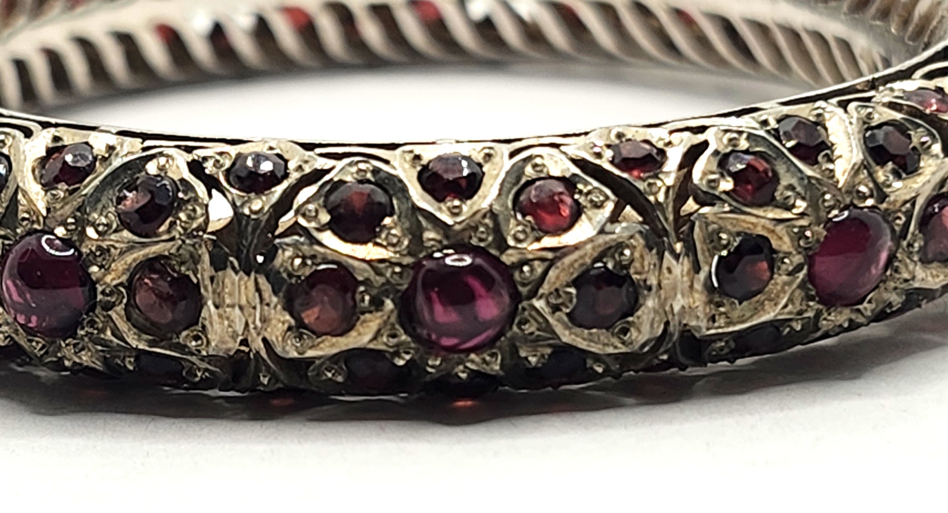 Mughal Indian Sterling Silver & Garnet Hinged Bangle Bracelet image 3