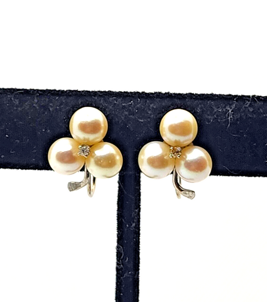 14K Triple White Cultured Pearl Three Leaf Clover & Diamond Screw Back Earrings image 0