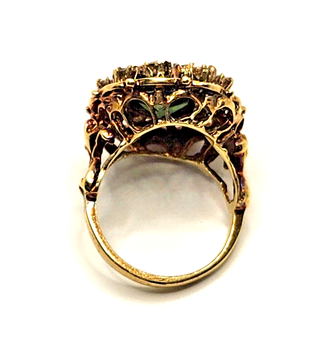 Green Zircon, Diamond Halo & Enamel Scroll Fleur-de-Lis 14k Gold Cocktail Ring image 12