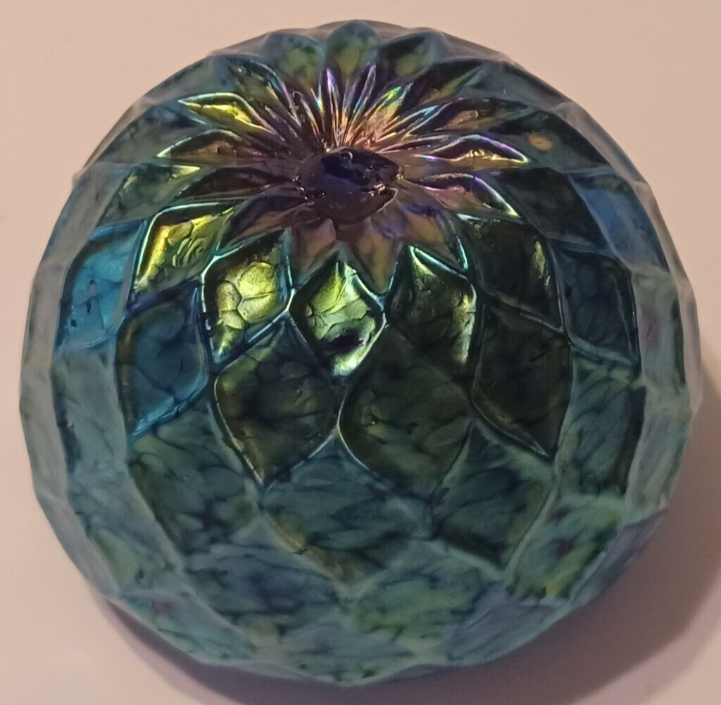 LUNDBERG Studios Art Glass Blue Iridescent Indian Basket Bowl 4 1/2" image 7