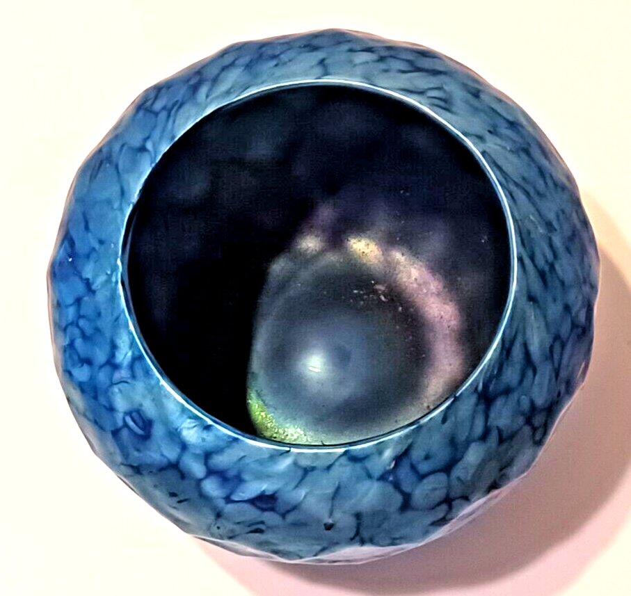LUNDBERG Studios Art Glass Blue Iridescent Indian Basket Bowl 4 1/2" image 5