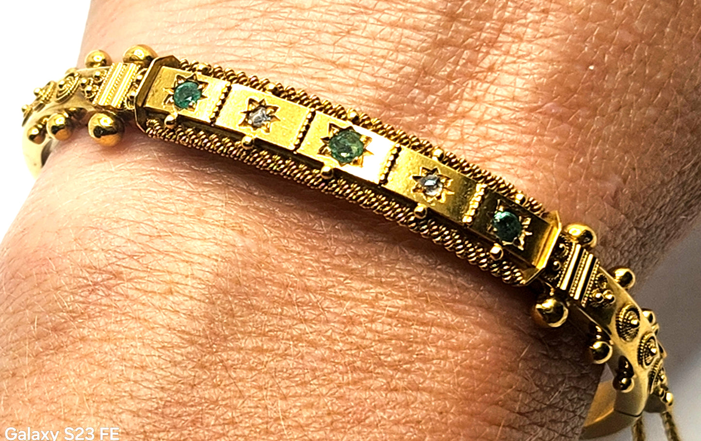 Antique Victorian Emerald & Diamond 15k Yellow Gold Bangle Bracelet image 1