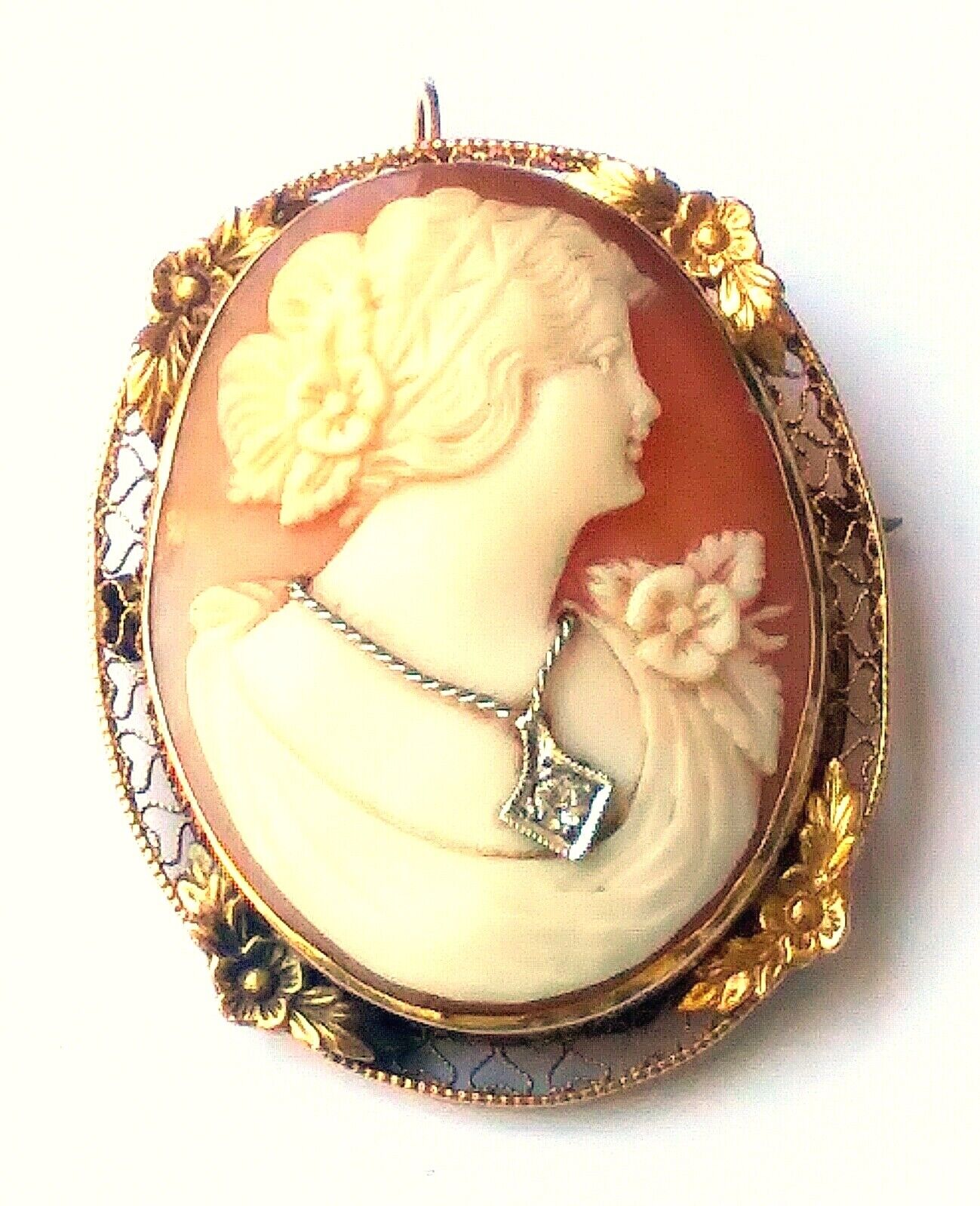 Antique Victorian Shell Cameo Diamond Necklace 10k Yellow Gold Brooch Pendant image 2