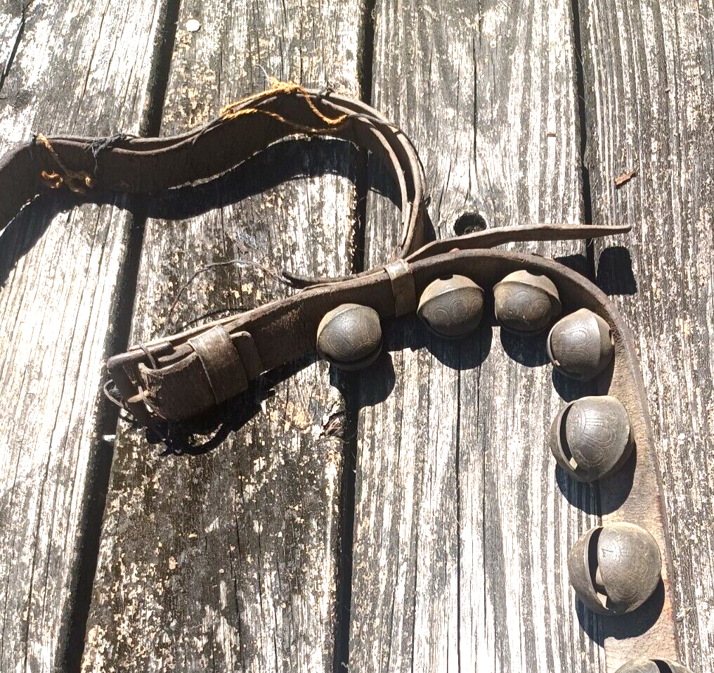 Antique Brass Engraved Sleigh Bells Numbered Original Strap 8Ft Long 24 Bells image 6
