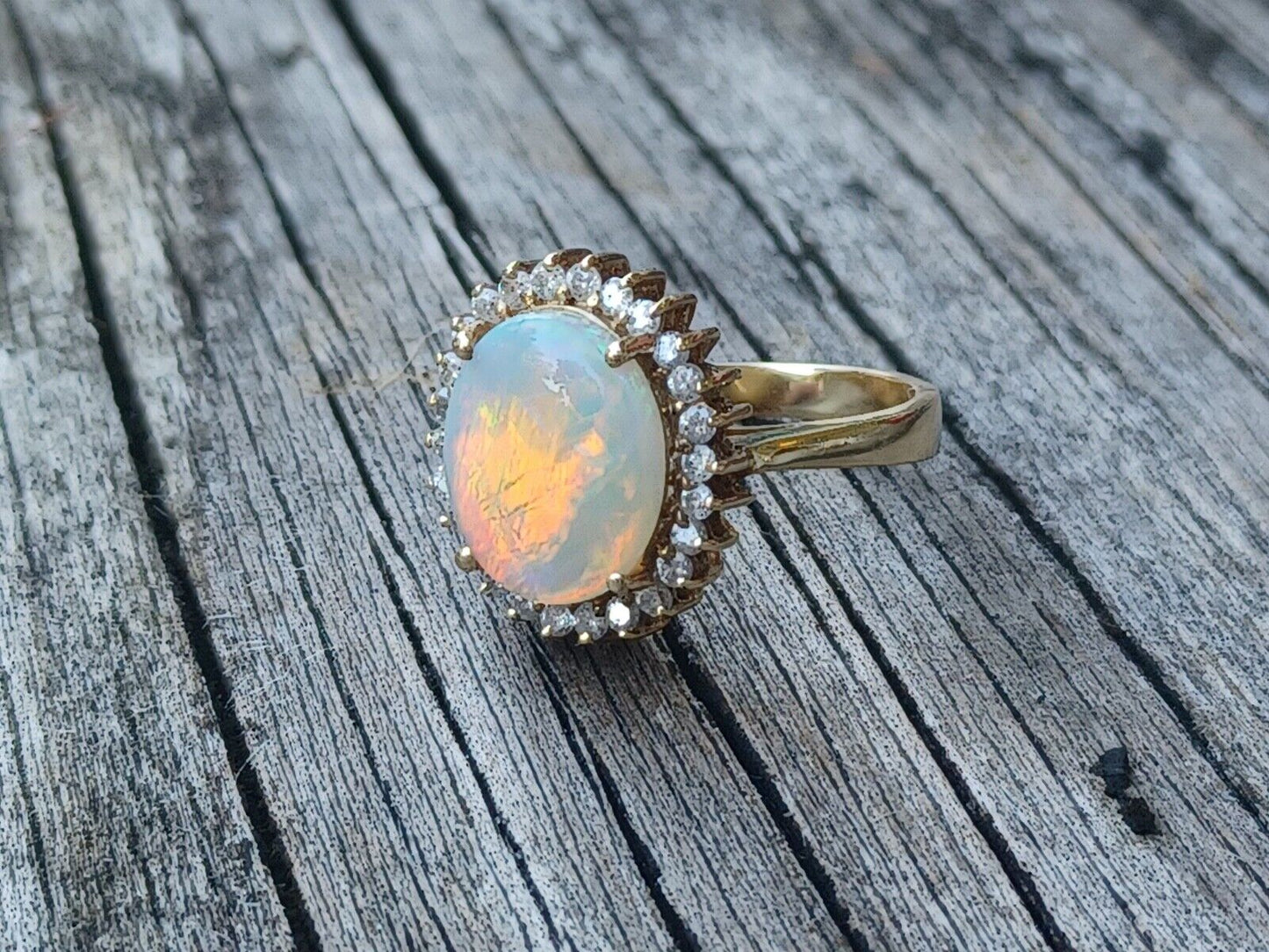 Natural Fire Opal & Diamond Halo 14K Yellow Gold Ring image 10