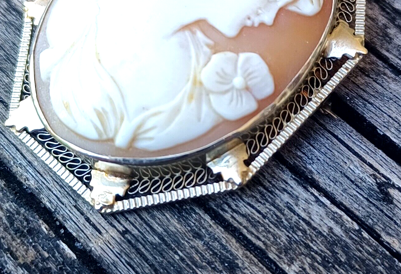 Antique Victorian Carved Shell Cameo w/ Flowers 14K White Gold Pin / Pendant image 3