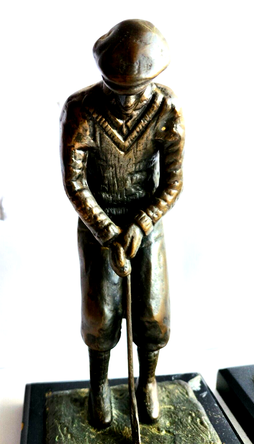 Circa 1920's Pair of Bronze Male & Female Golfer Bookends on Plinth image 1