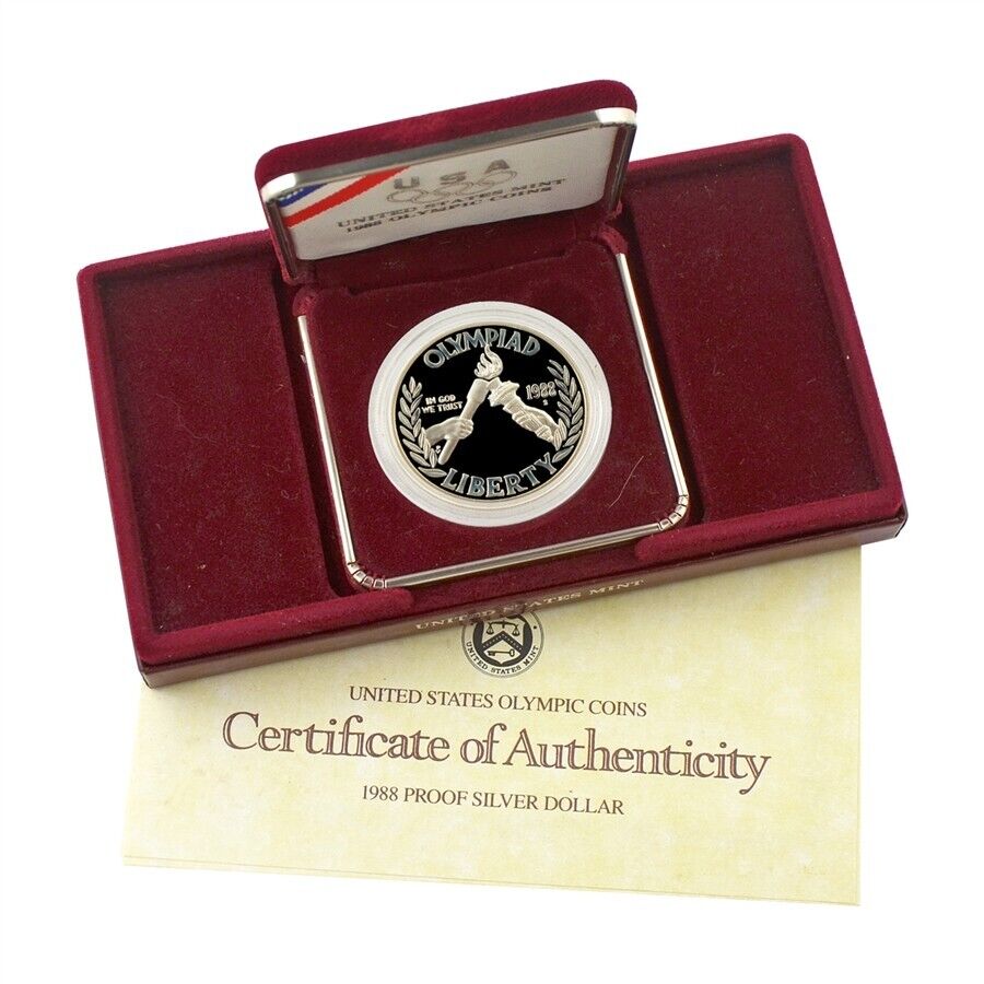 XXIV Olympic Commemorative Proof 90% Silver Dollar Mint Box and COA image 0