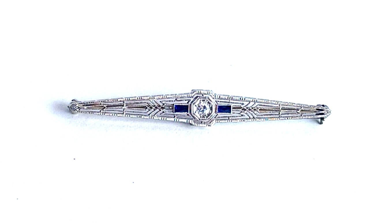 Antique Art Deco Diamond Sapphire & Platinum Bar Pin image 0