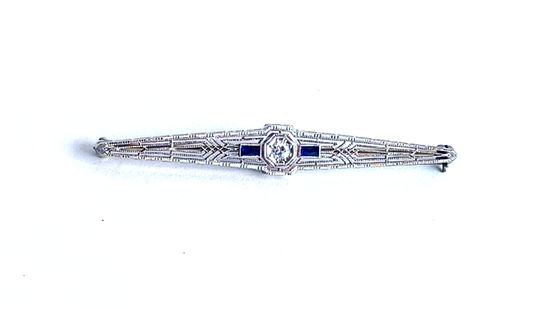 Antique Art Deco Diamond Sapphire & Platinum Bar Pin image 0